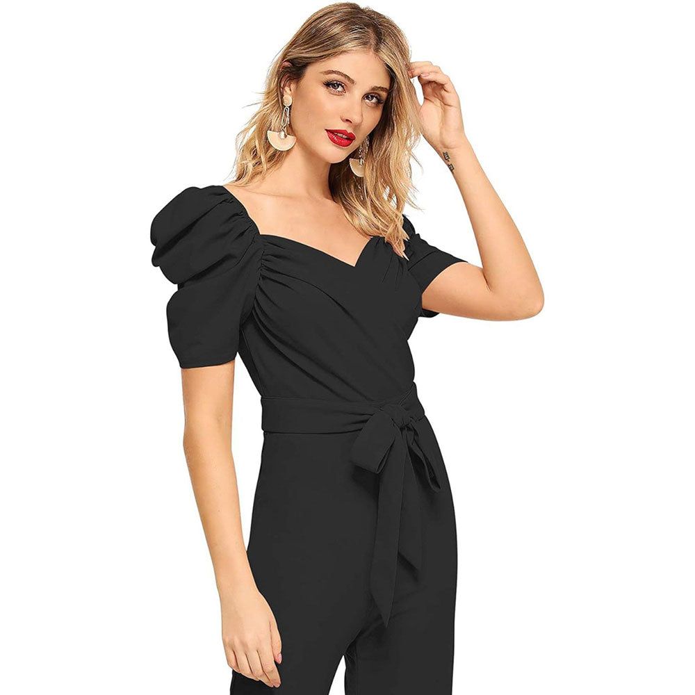 Odette Women Black Polyester Blend Jumpsuit with Belt (Set of 2)