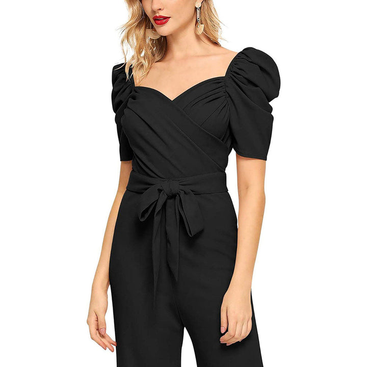 Odette Women Black Polyester Blend Jumpsuit with Belt (Set of 2)