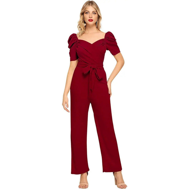 Odette Women Maroon Polyester Blend Jumpsuit with Belt (Set of 2)