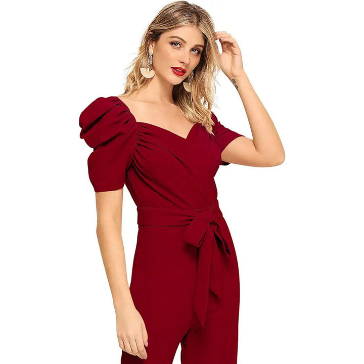 Odette Women Maroon Polyester Blend Jumpsuit with Belt (Set of 2)