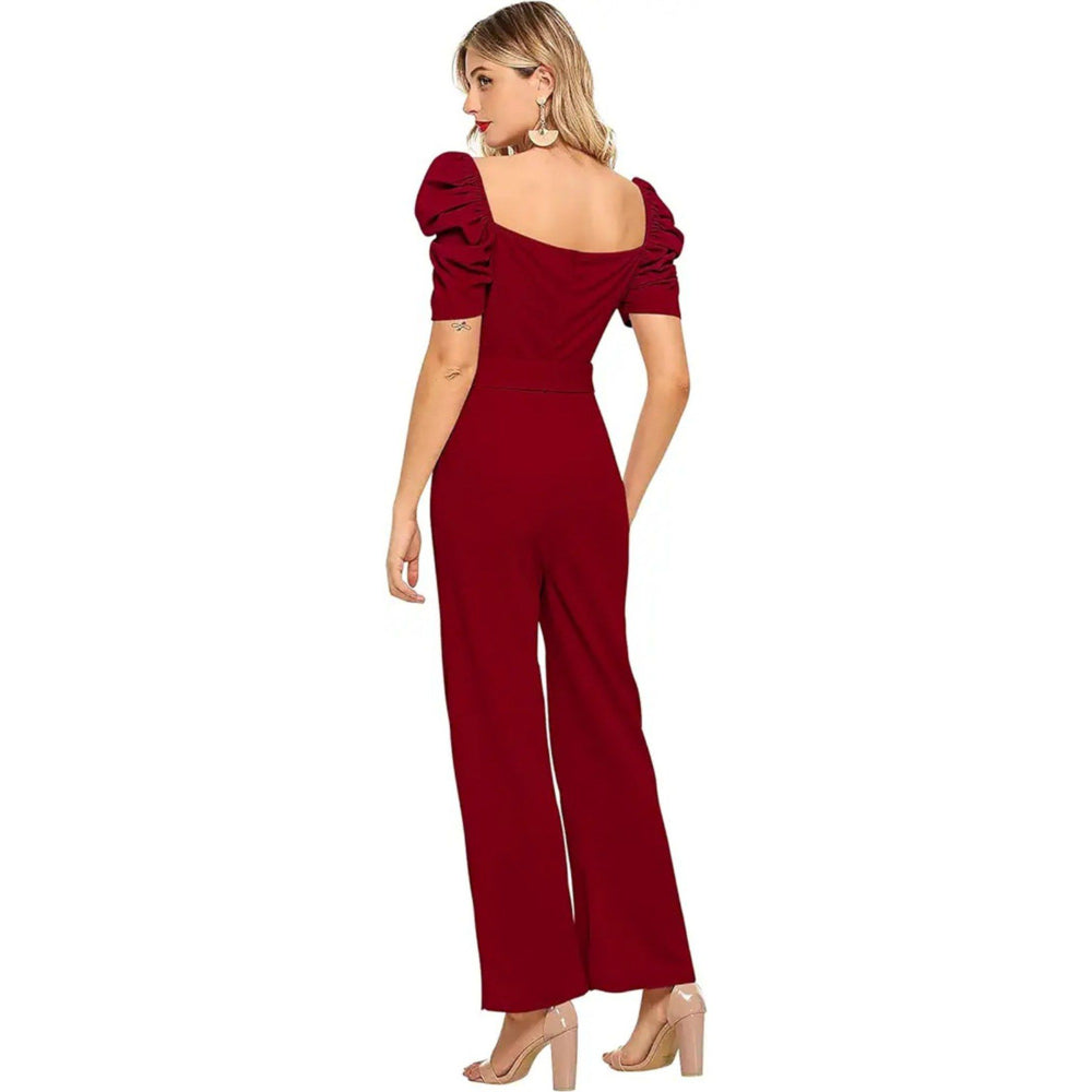 Odette Women Maroon Polyester Blend Jumpsuit with Belt (Set of 2)