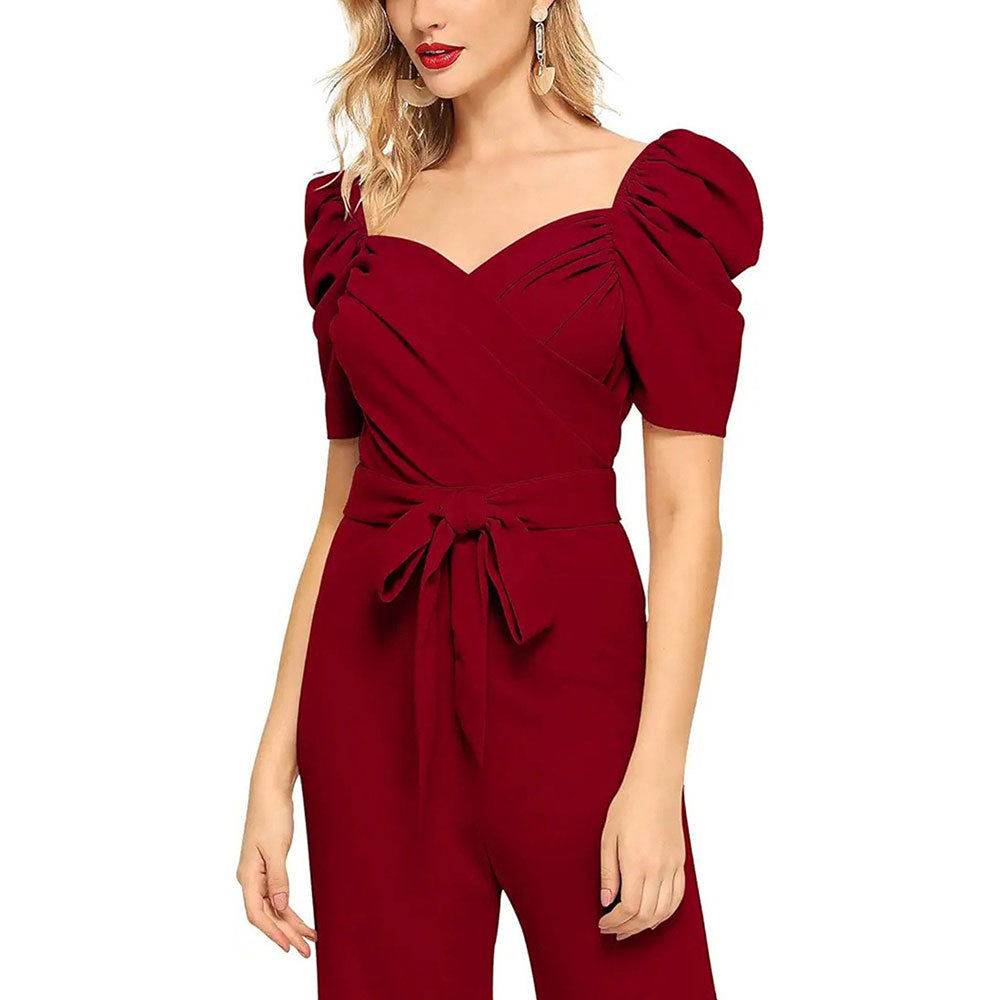 Odette Women Maroon Polyester Blend Jumpsuit with Belt (Set of 2)