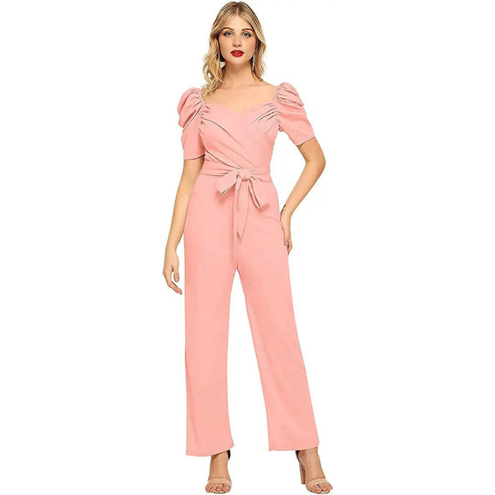 Odette Women Pink Polyester Blend Jumpsuit with Belt (Set of 2)