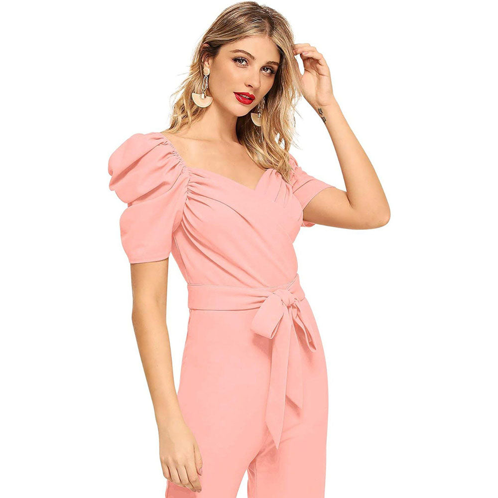 Odette Women Pink Polyester Blend Jumpsuit with Belt (Set of 2)