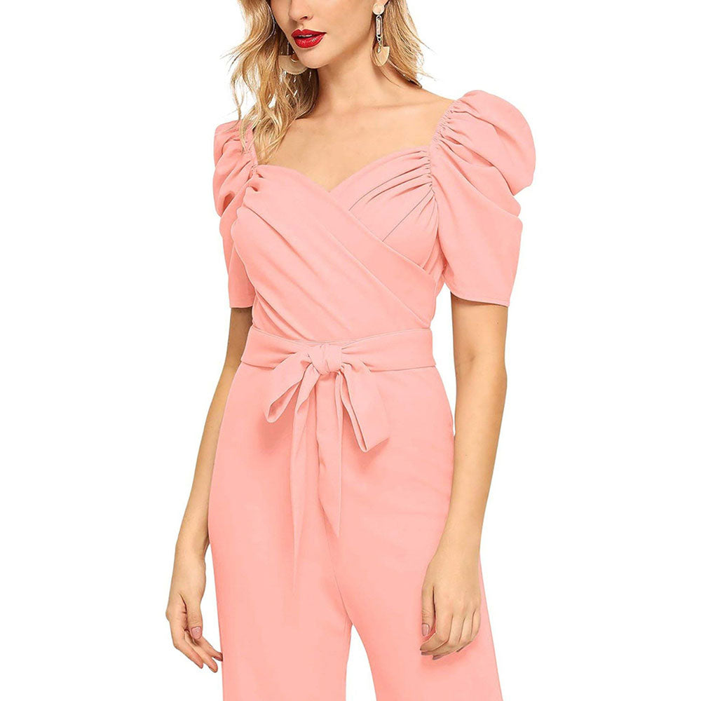 Odette Women Pink Polyester Blend Jumpsuit with Belt (Set of 2)