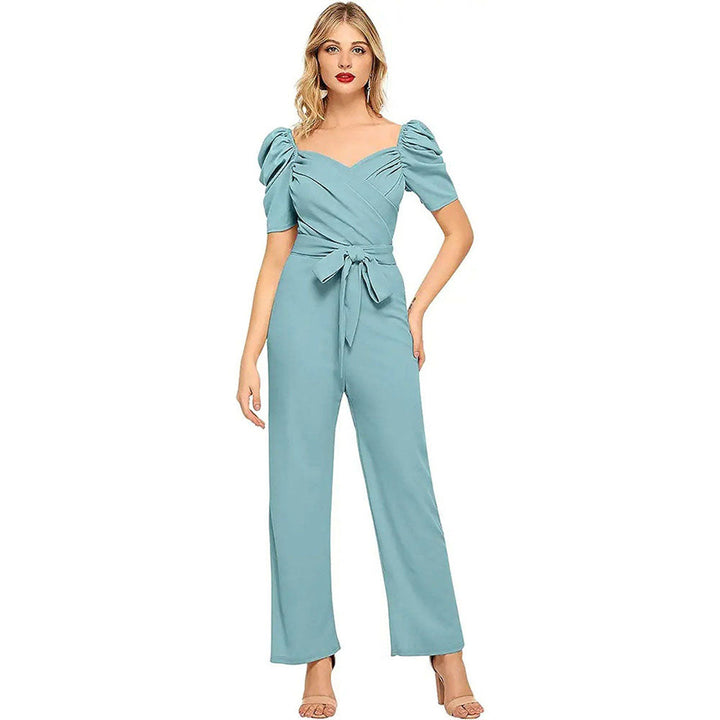 Odette Women Light Blue Polyester Blend Jumpsuit with Belt (Set of 2)