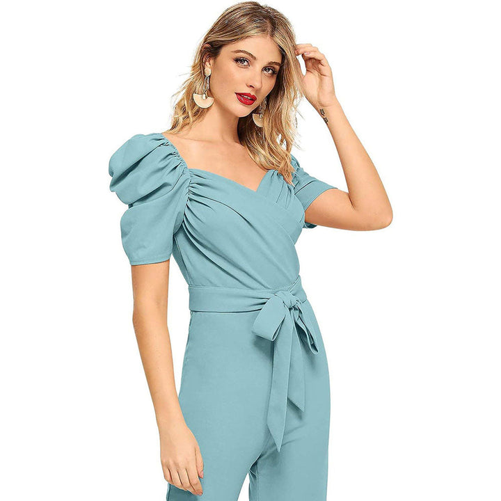 Odette Women Light Blue Polyester Blend Jumpsuit with Belt (Set of 2)