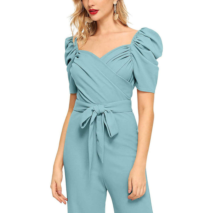 Odette Women Light Blue Polyester Blend Jumpsuit with Belt (Set of 2)