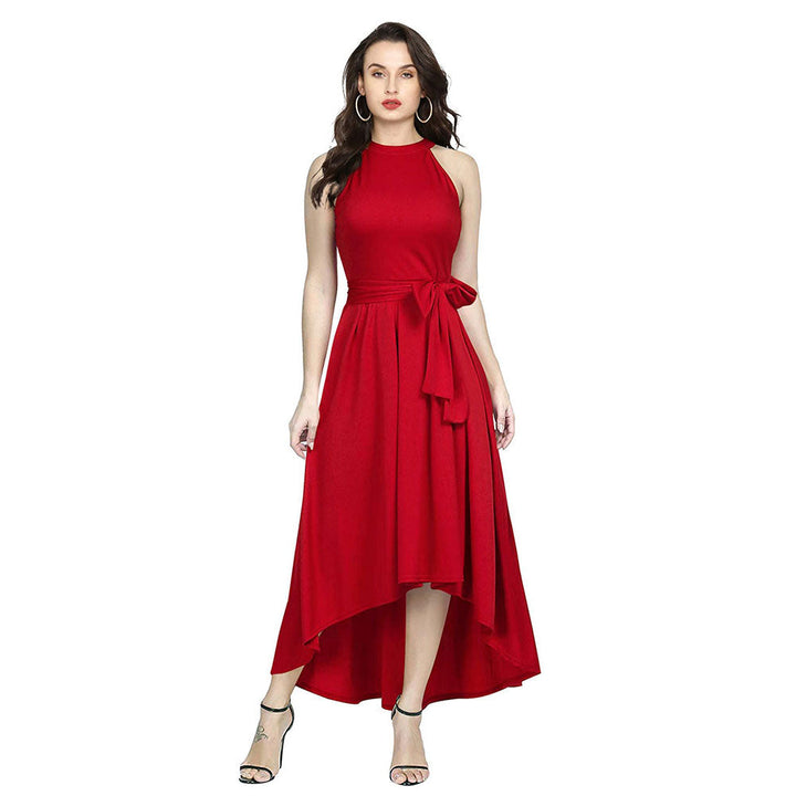 Odette Red Polyester High Low Dress For Women (Set of 2)