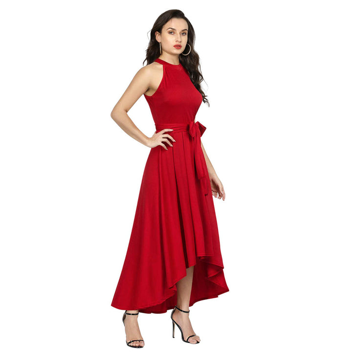 Odette Red Polyester High Low Dress For Women (Set of 2)