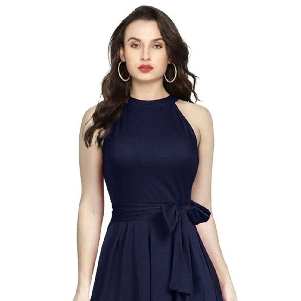 Odette Navy Blue Polyester High Low Dress For Women (Set of 2)