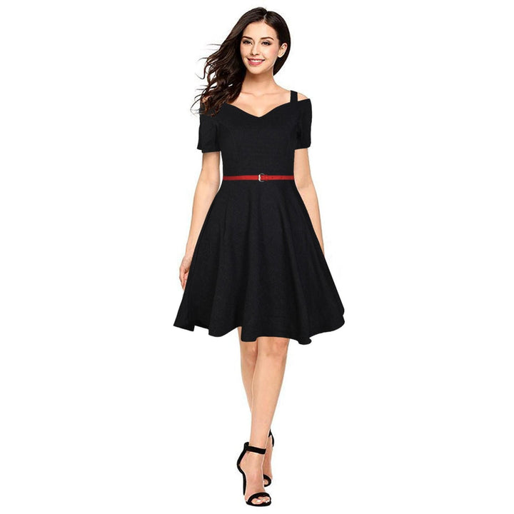 Odette Black Polyester Skater Dress For Women (Set of 2)