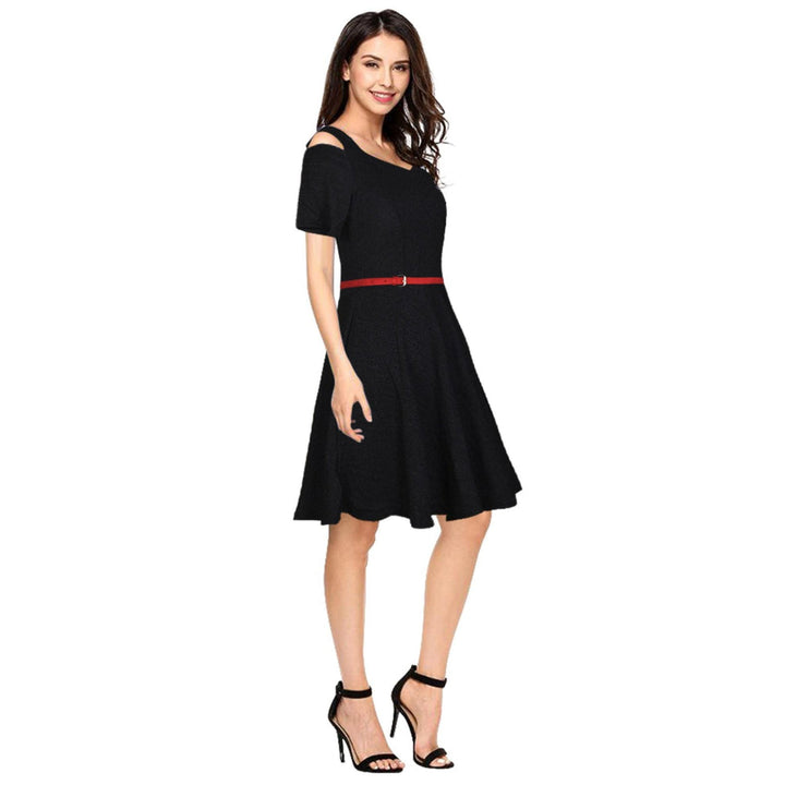 Odette Black Polyester Skater Dress For Women (Set of 2)