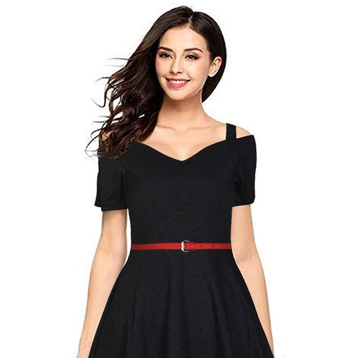 Odette Black Polyester Skater Dress For Women (Set of 2)