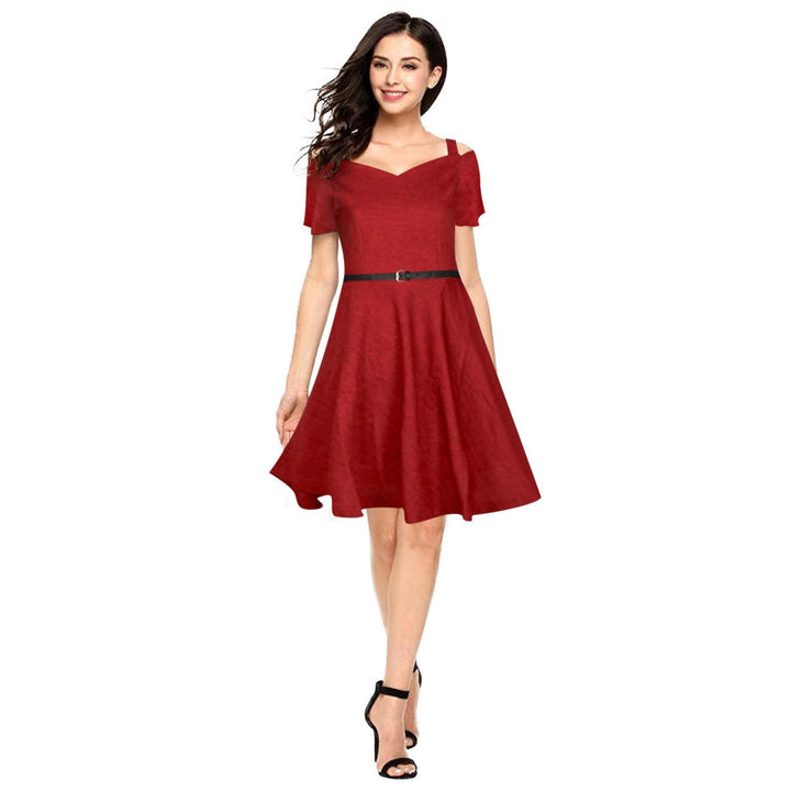 Odette Maroon Polyester Skater Dress For Women (Set of 2)