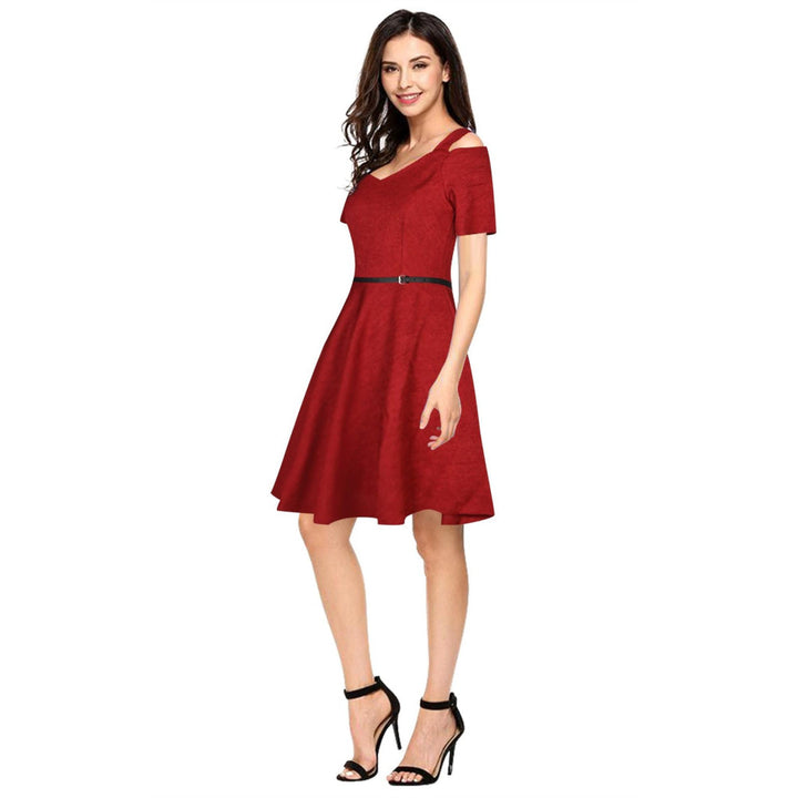 Odette Maroon Polyester Skater Dress For Women (Set of 2)