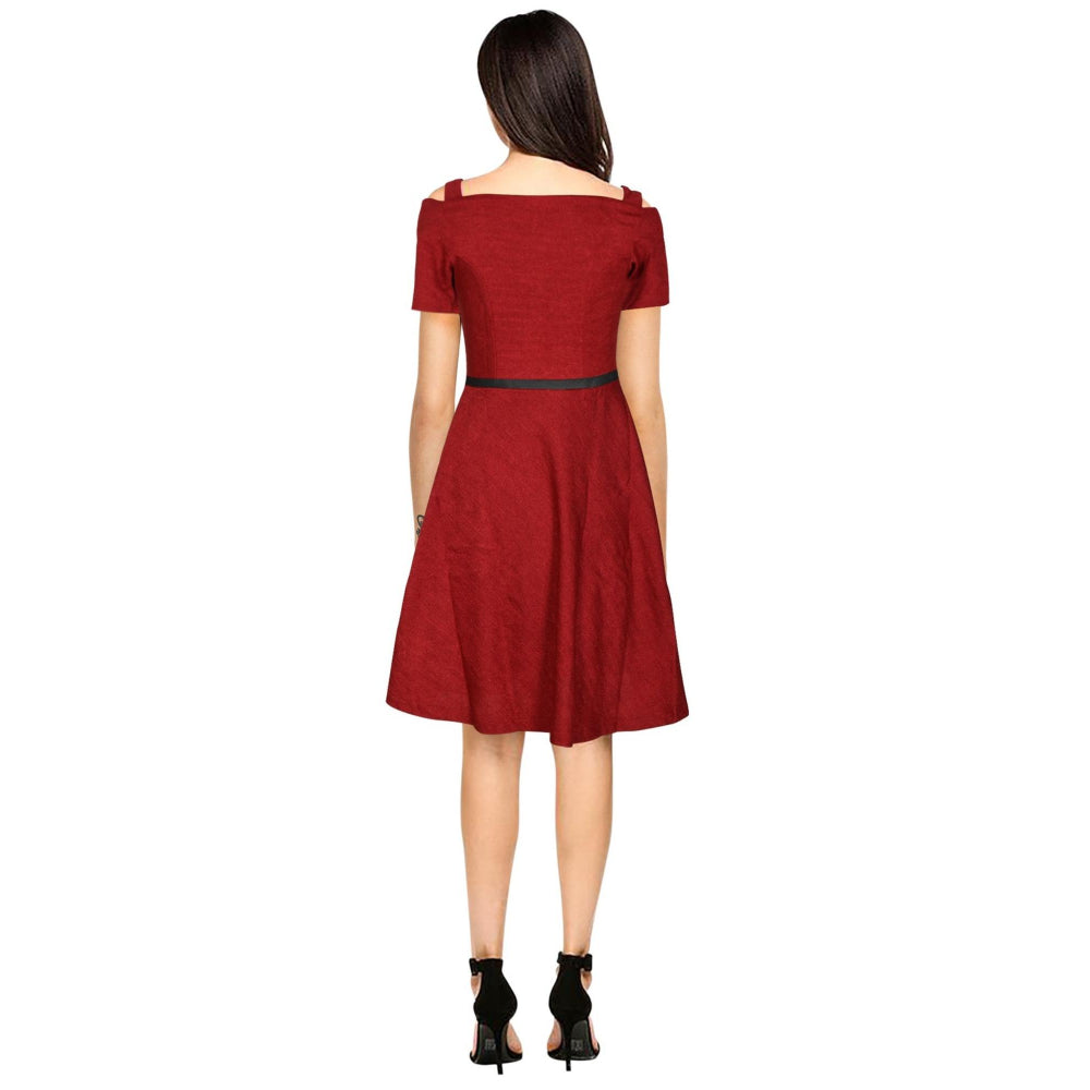 Odette Maroon Polyester Skater Dress For Women (Set of 2)