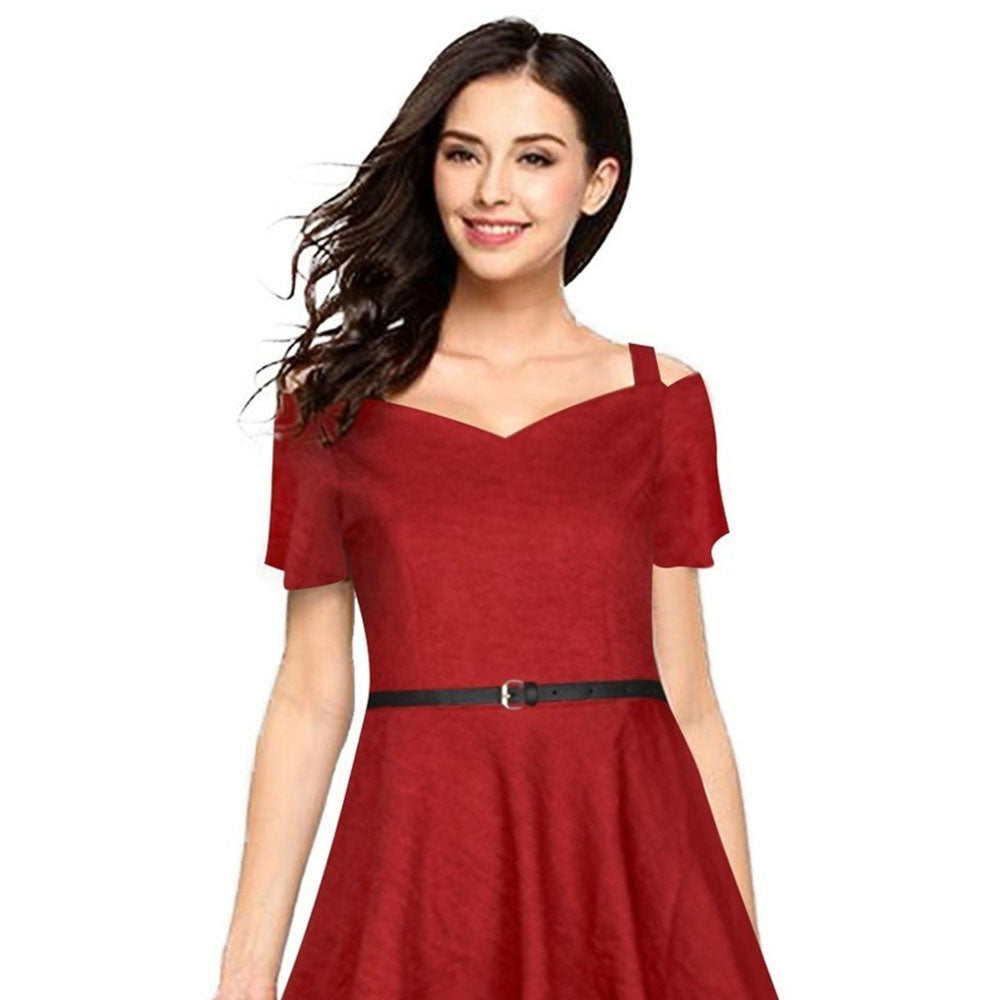 Odette Maroon Polyester Skater Dress For Women (Set of 2)