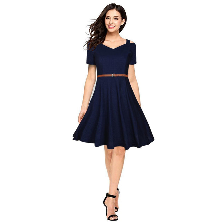 Odette Navy Blue Polyester Skater Dress with Belt For Women (Set of 2)