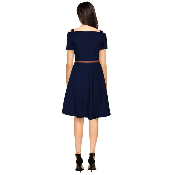 Odette Navy Blue Polyester Skater Dress with Belt For Women (Set of 2)