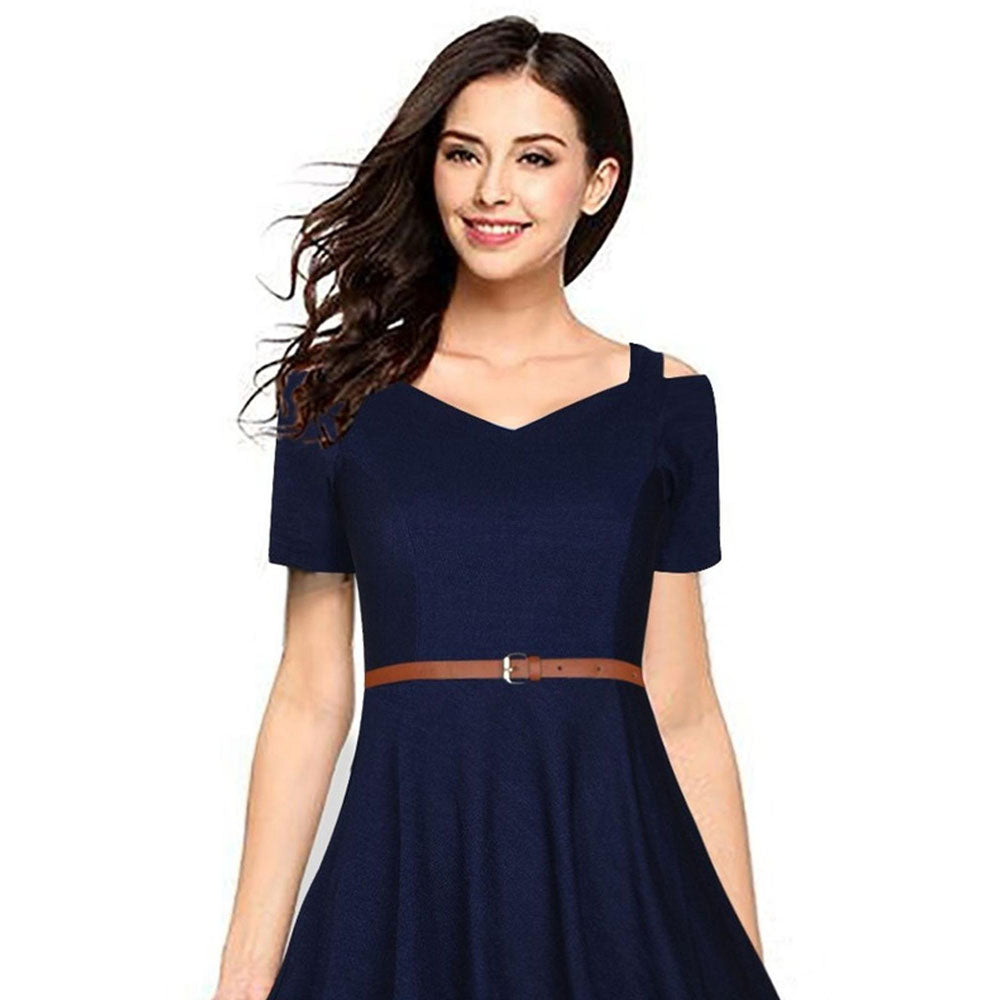 Odette Navy Blue Polyester Skater Dress with Belt For Women (Set of 2)