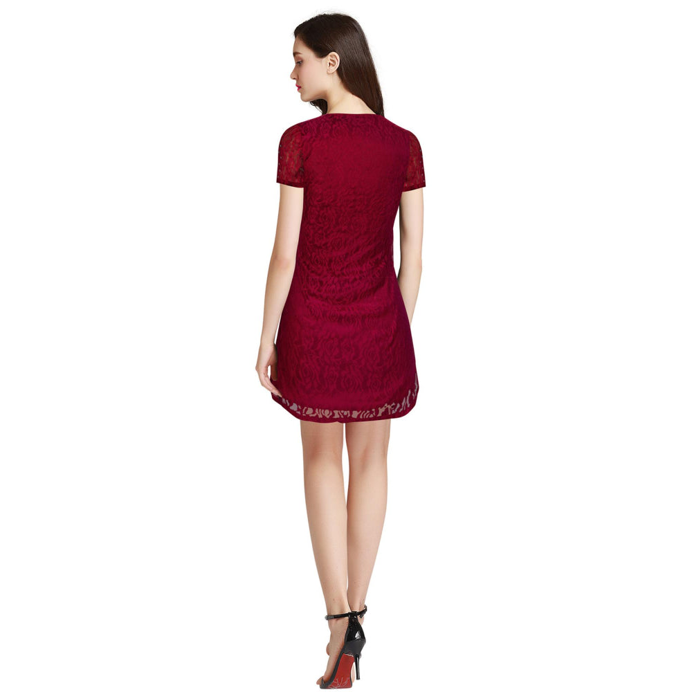 Odette Maroon Skater Knit Fabric Dress For Women