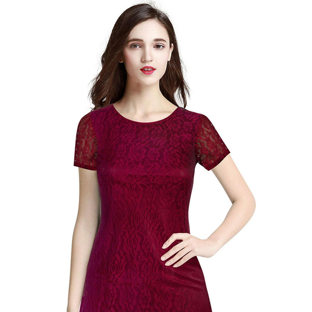 Odette Maroon Skater Knit Fabric Dress For Women