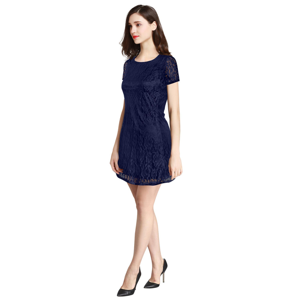 Odette Blue Skater Knit Fabric Dress For Women