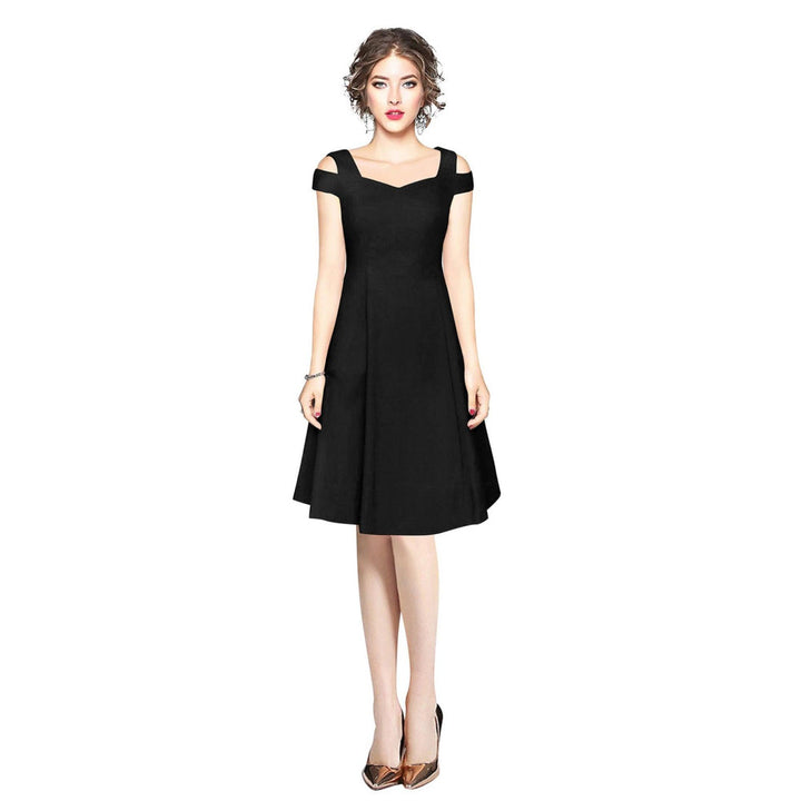 Odette Black Polyester Skater Dress For Women