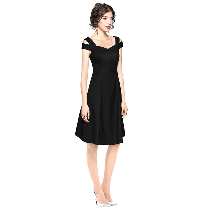 Odette Black Polyester Skater Dress For Women