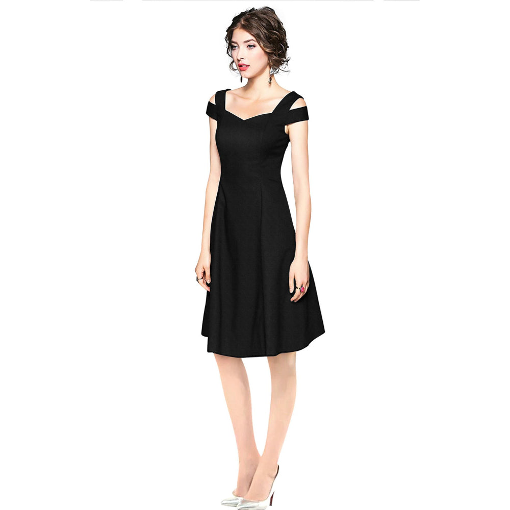 Odette Black Polyester Skater Dress For Women