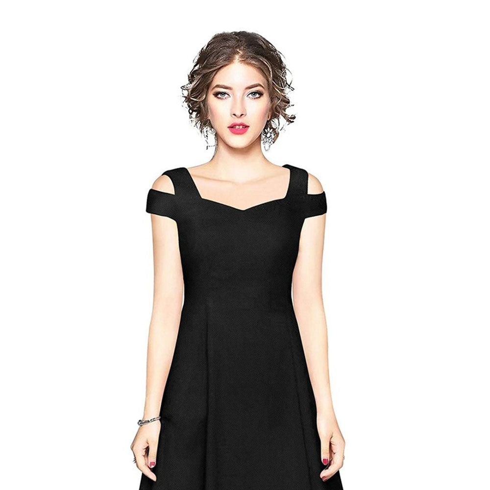 Odette Black Polyester Skater Dress For Women