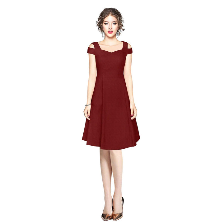 Odette Maroon Polyester Skater Dress For Women