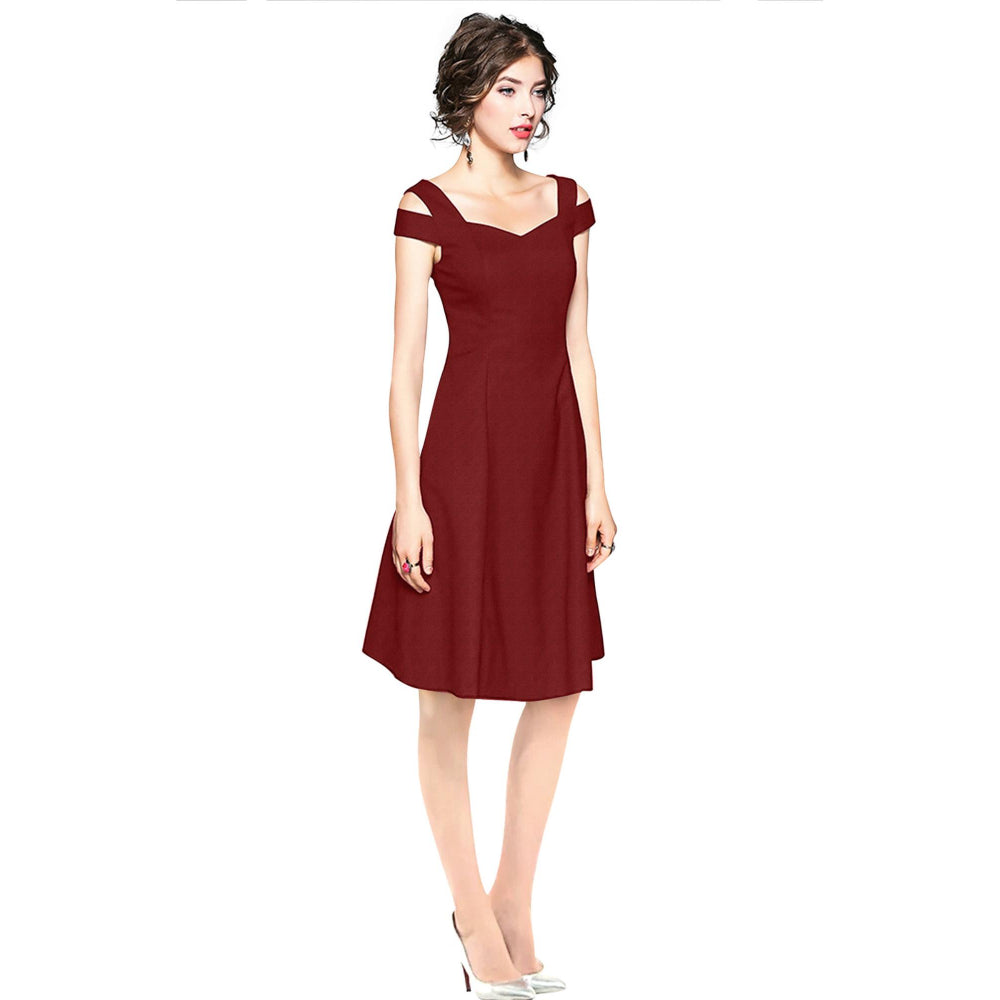 Odette Maroon Polyester Skater Dress For Women