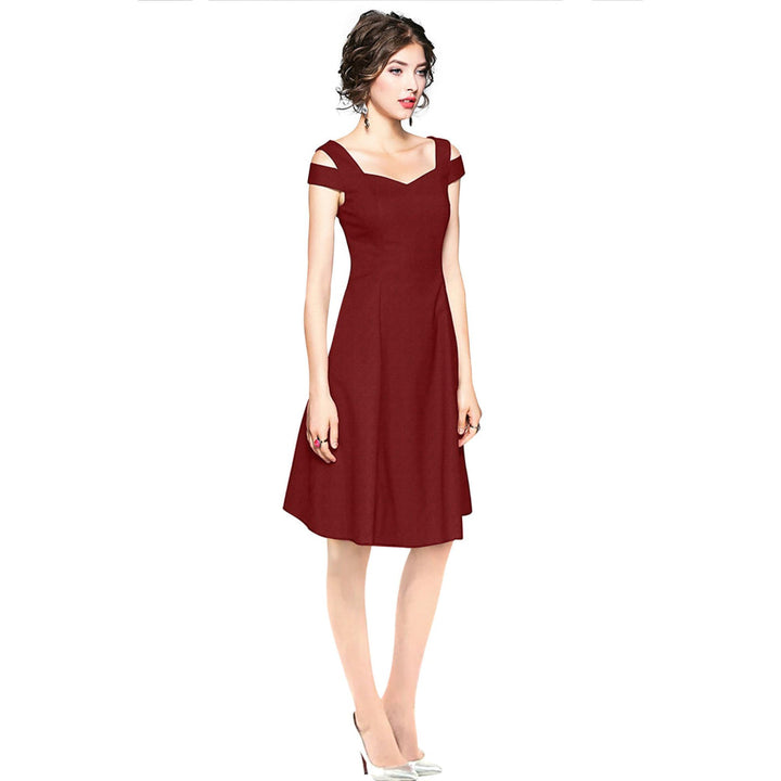 Odette Maroon Polyester Skater Dress For Women