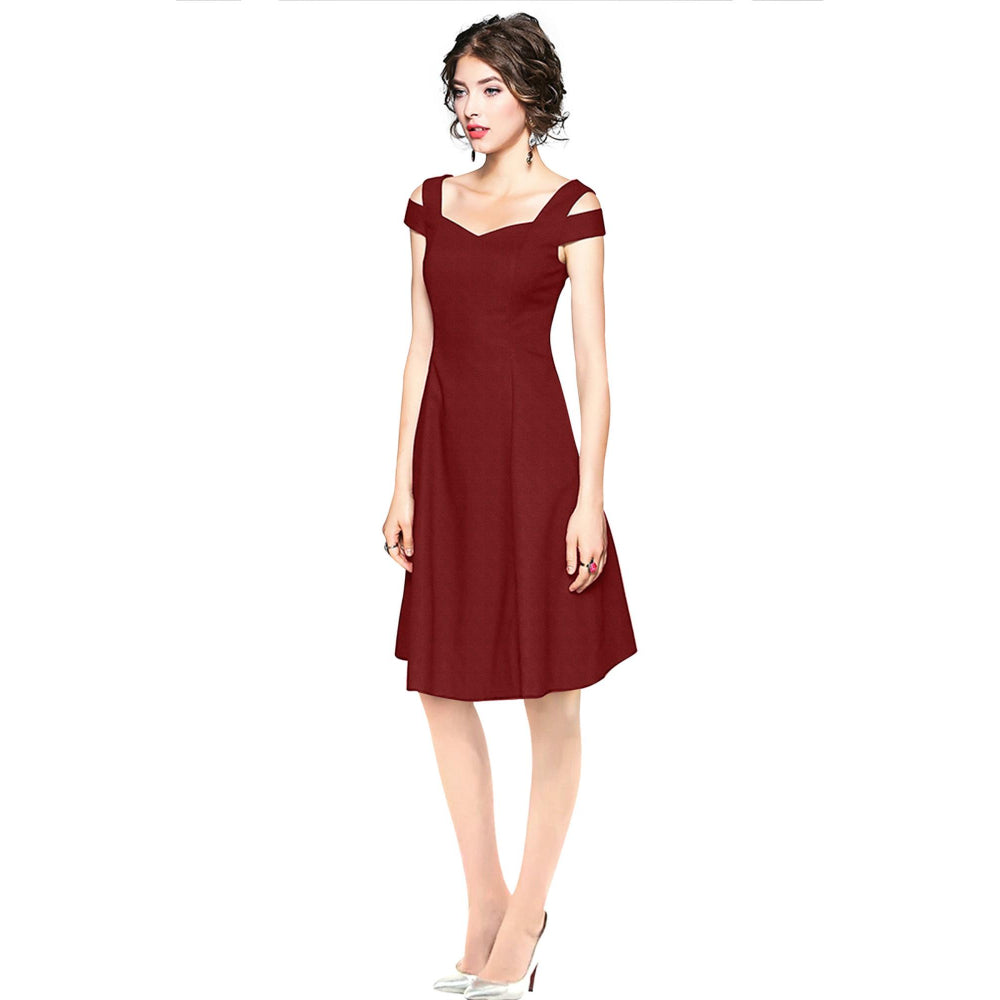 Odette Maroon Polyester Skater Dress For Women