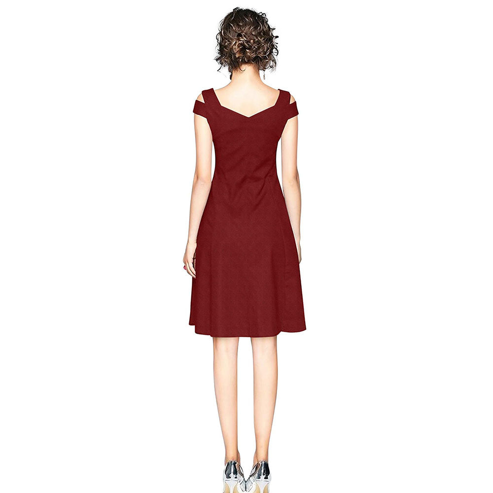 Odette Maroon Polyester Skater Dress For Women