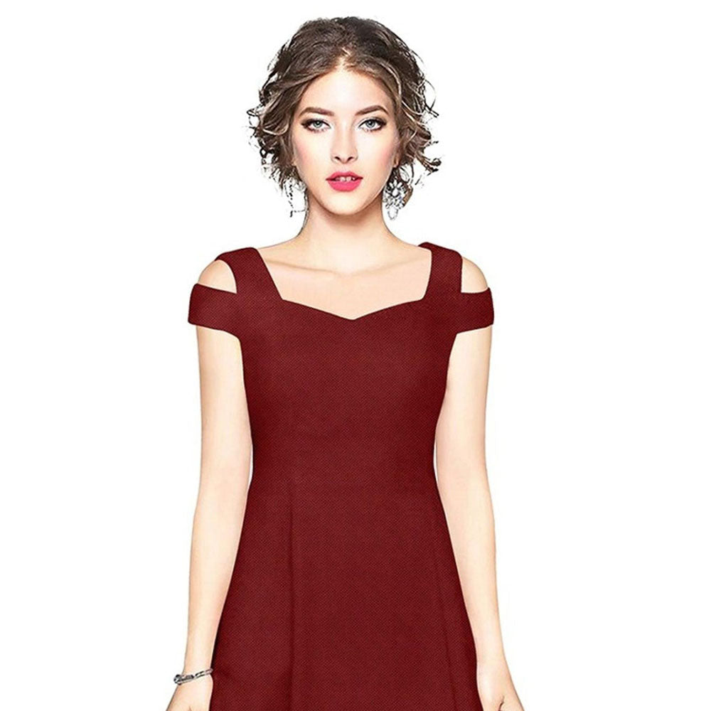 Odette Maroon Polyester Skater Dress For Women