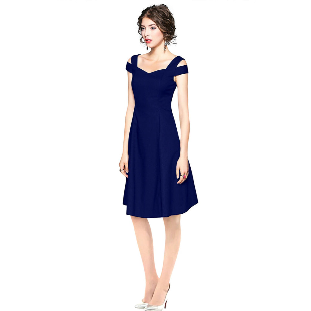 Odette Royal Blue Polyester Skater Dress For Women