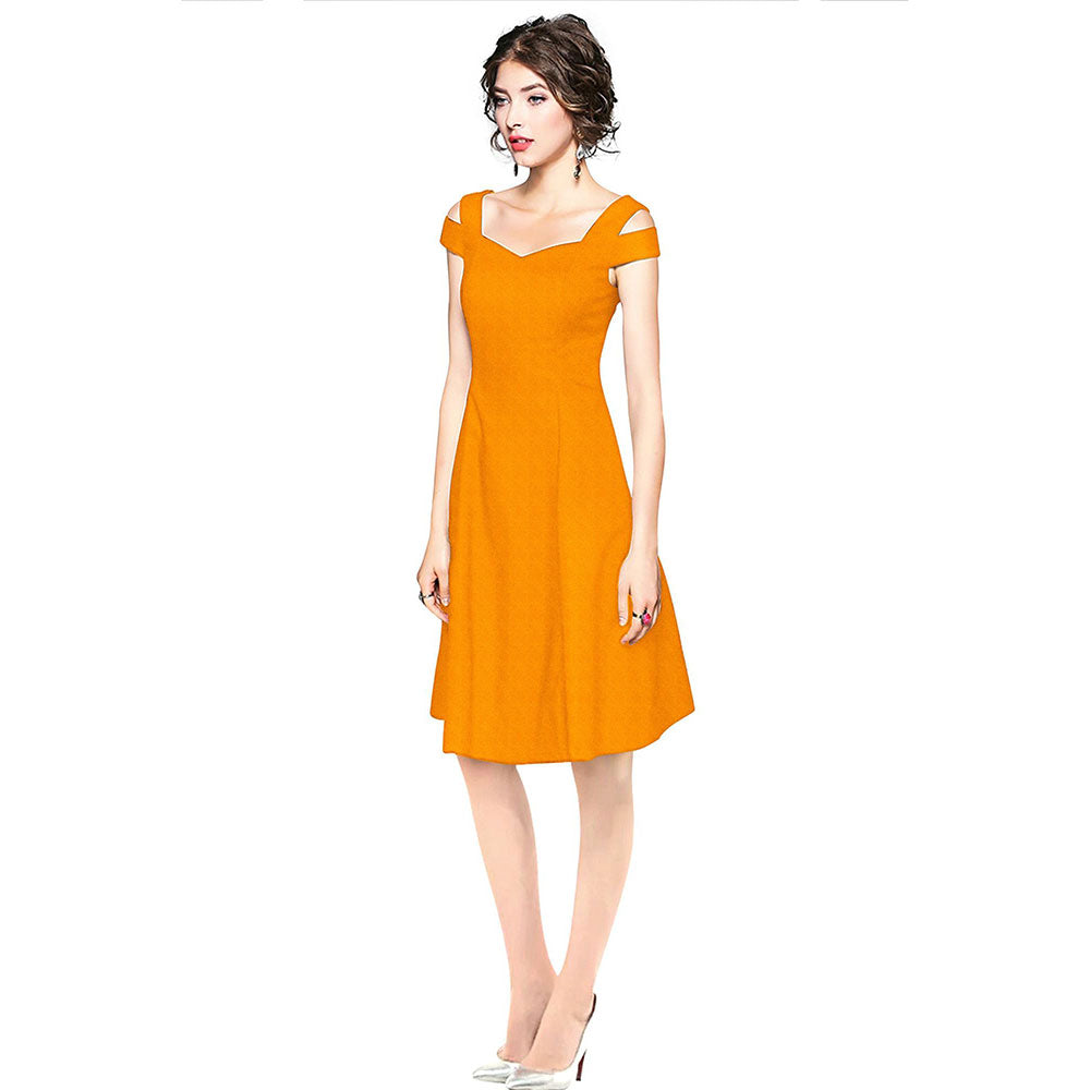 Odette Yellow Polyester Skater Dress For Women