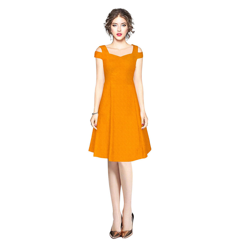 Odette Yellow Polyester Skater Dress For Women