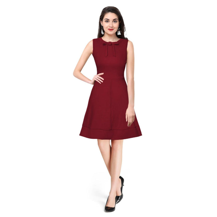 Odette Maroon Polyester Skater Dress For Women