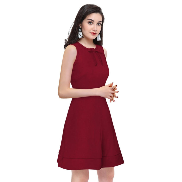 Odette Maroon Polyester Skater Dress For Women