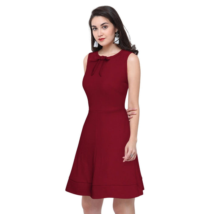 Odette Maroon Polyester Skater Dress For Women