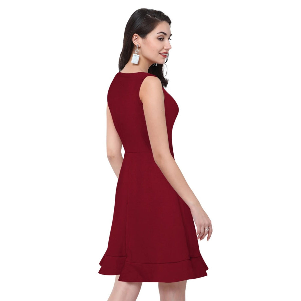 Odette Maroon Polyester Skater Dress For Women