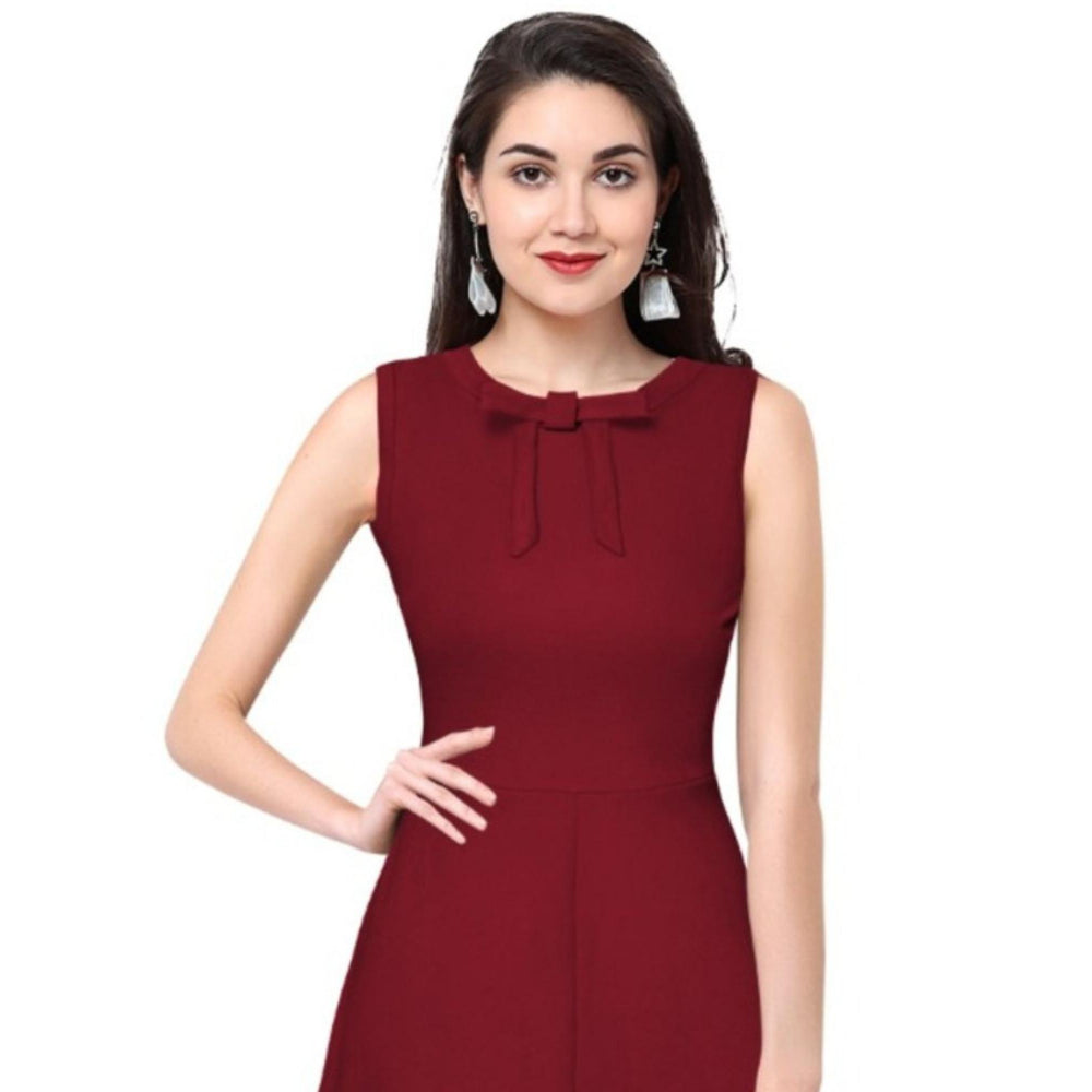 Odette Maroon Polyester Skater Dress For Women