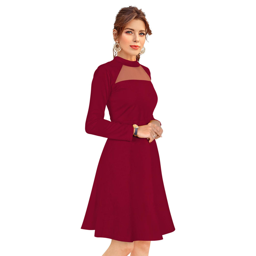 Odette Maroon Skater Knit Fabric Dress For Women