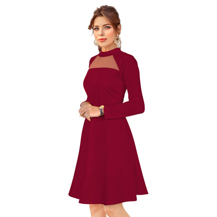 Odette Maroon Skater Knit Fabric Dress For Women