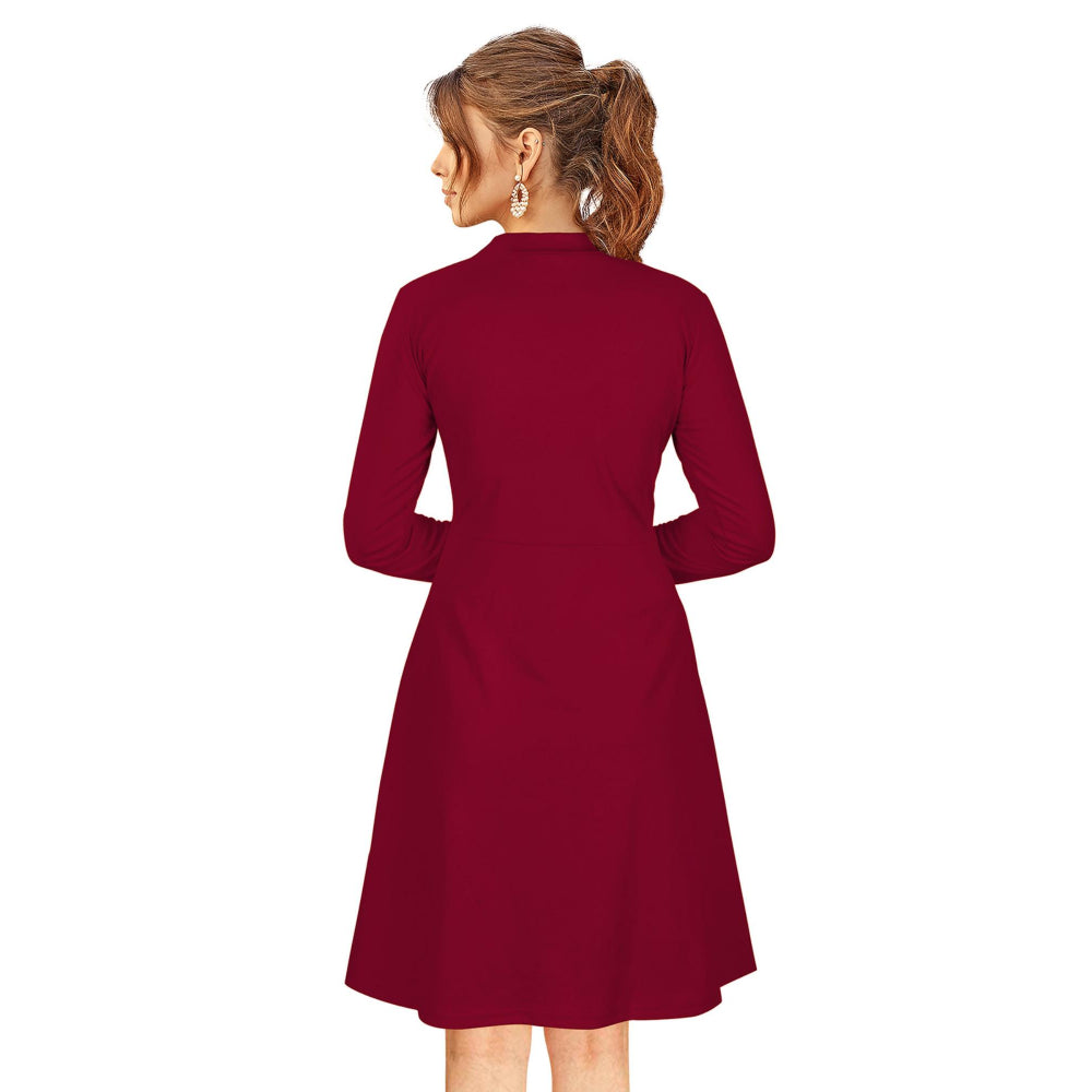 Odette Maroon Skater Knit Fabric Dress For Women