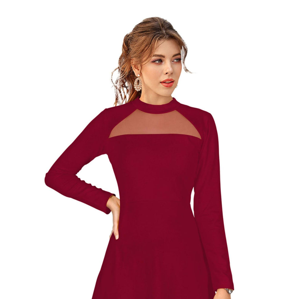 Odette Maroon Skater Knit Fabric Dress For Women